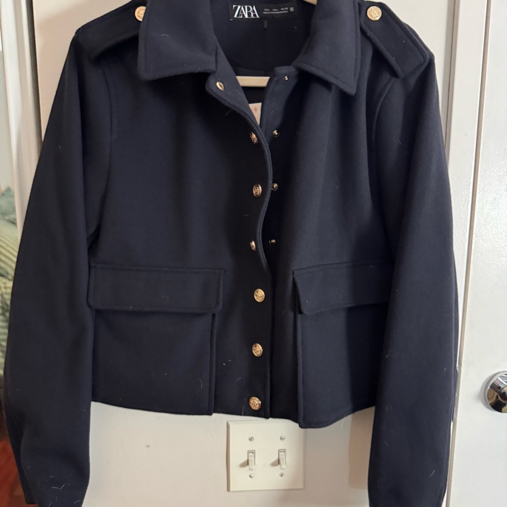 ZARA soft cropped navy gold button military style jacket blazer NWOT - Picture 6 of 9